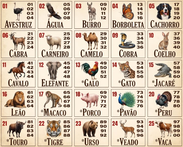 Tabela dos 25 bichos do Jogo do Bicho com grupos e dezenas de 01 a 00